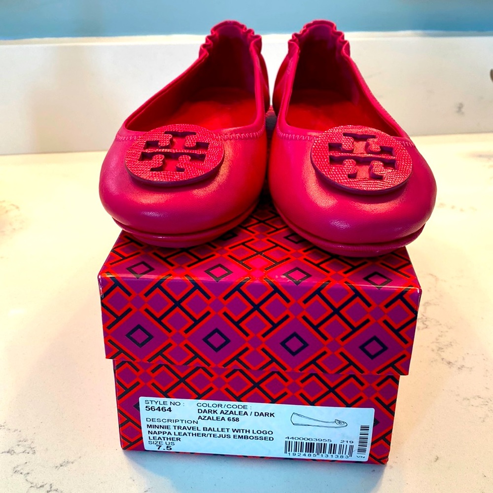 Tory Burch Minnie travel ballet with logo, size 7.5 US women’s l, worn once.